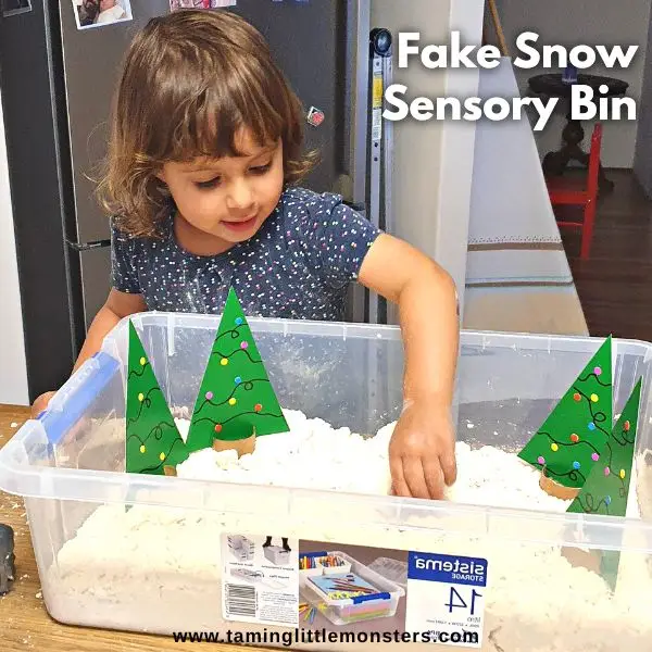 Learn how to make a fake snow sensory bin with only 2 ingredients. A fun and easy sensory activity for Christmas or winter that toddlers and preschoolers will love.