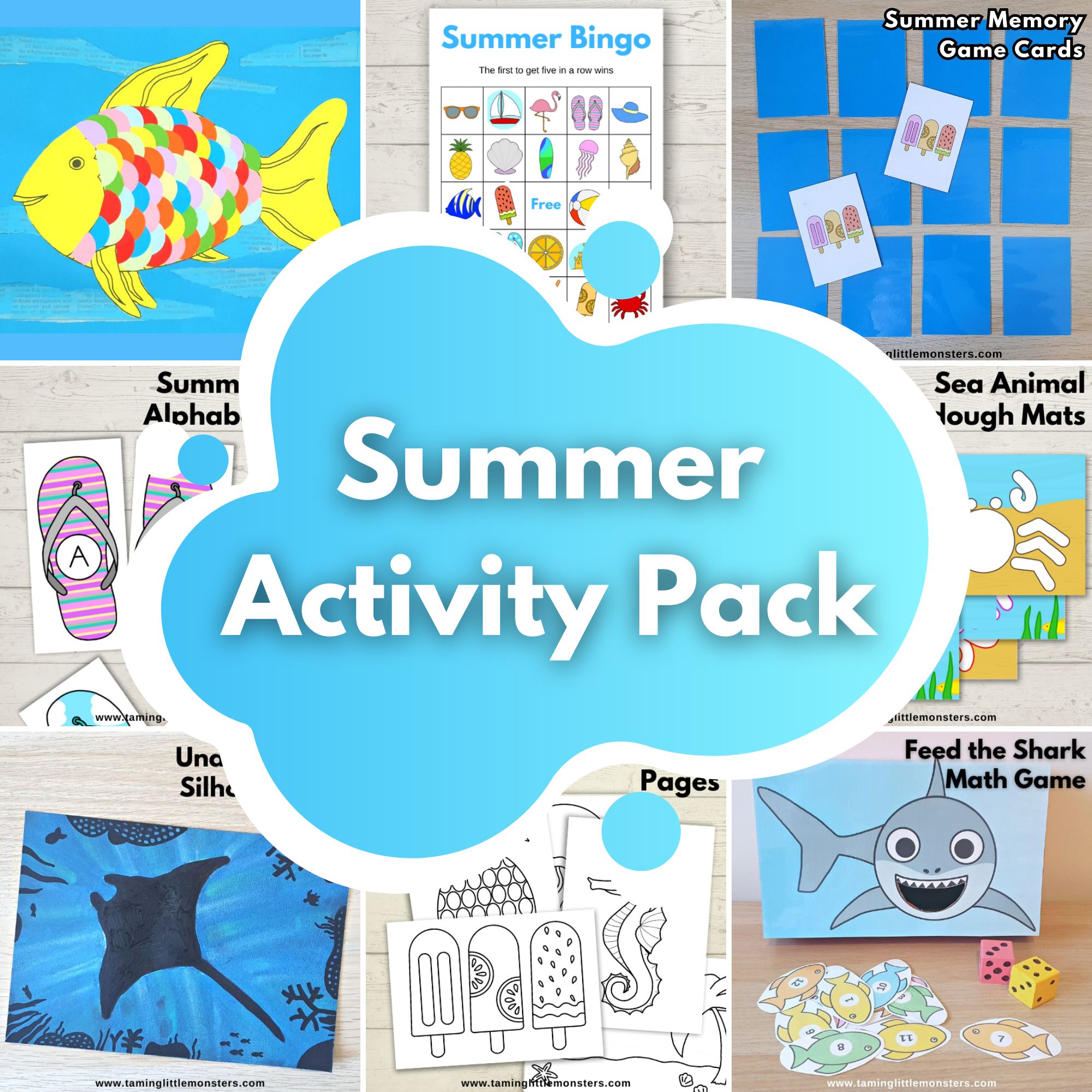 Summer Activity pack for preschool and kindergarten. Printable Summer themed literacy, math, fine motor, games and art templates.