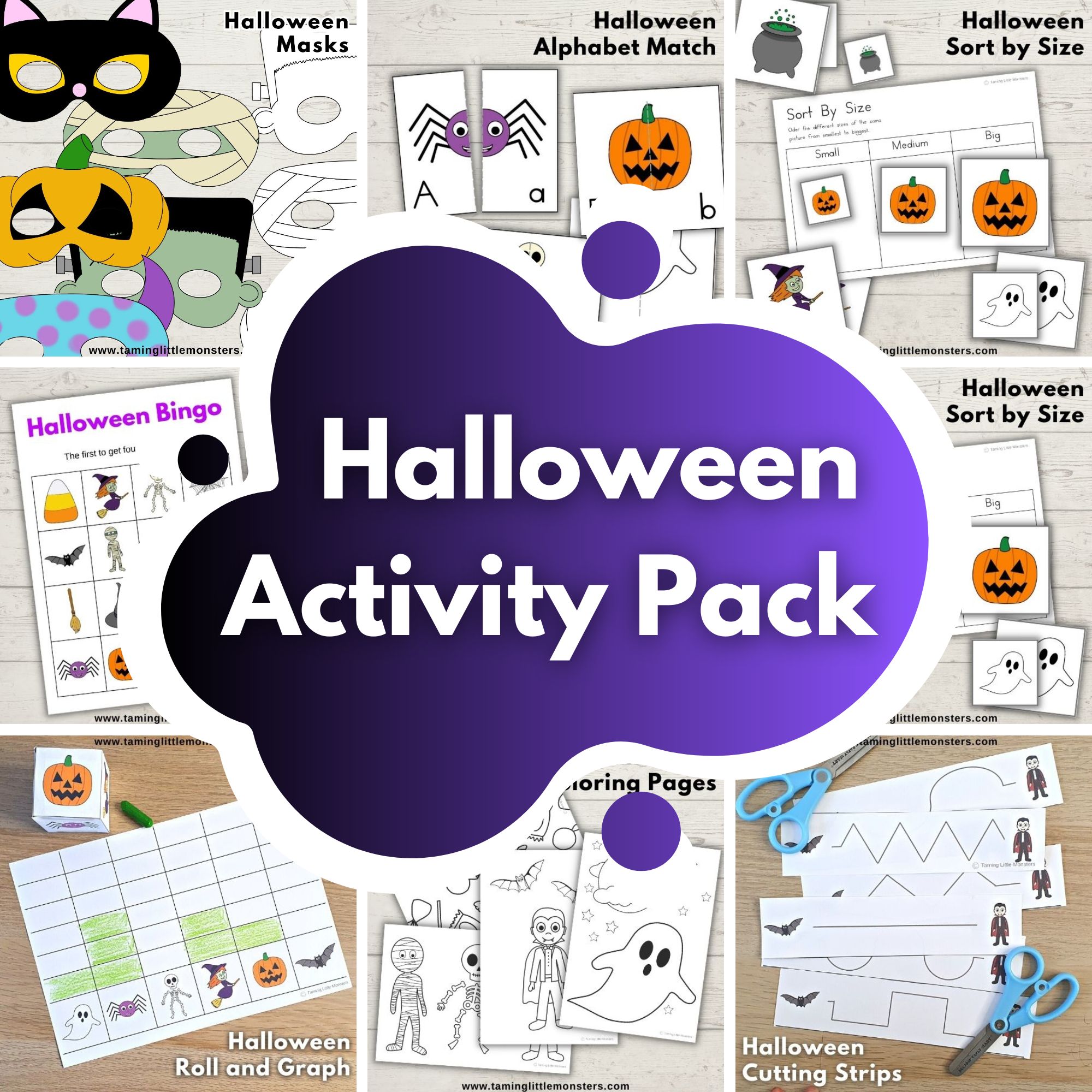 Printable Halloween Activity Pack for kids. Math, literacy, fine motor, games and craft templates for preschool and kindergarten.