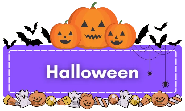 Purple rectangle with the word "halloween" written on it.