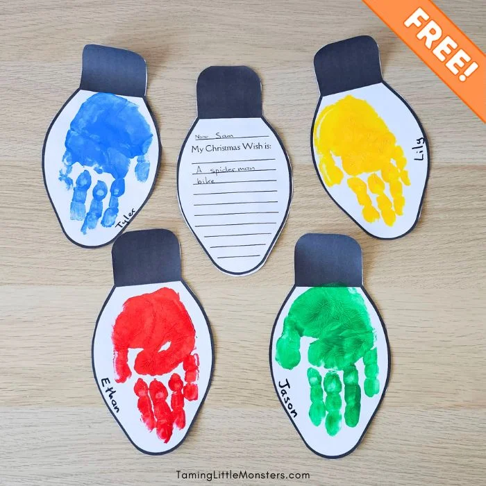 Collection of different handprint Christmas lights craft.